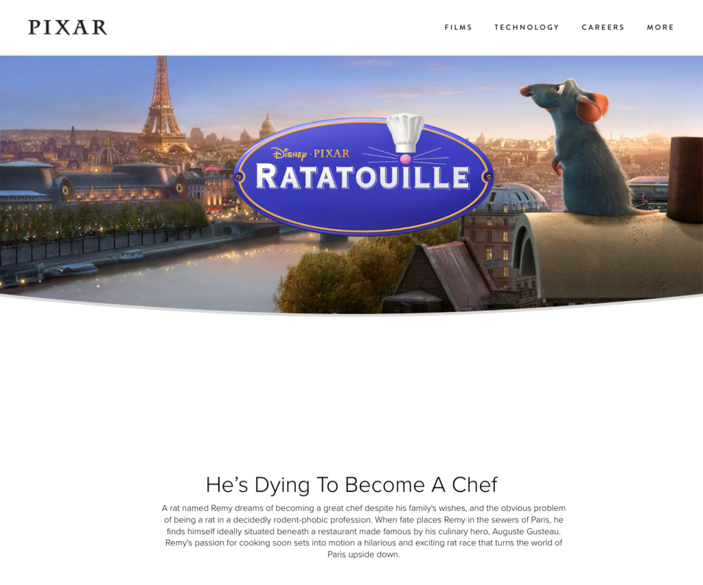 Official Pixar page for Ratatouille describing Remy's ambition to become a chef and the film's Paris restaurant setting.