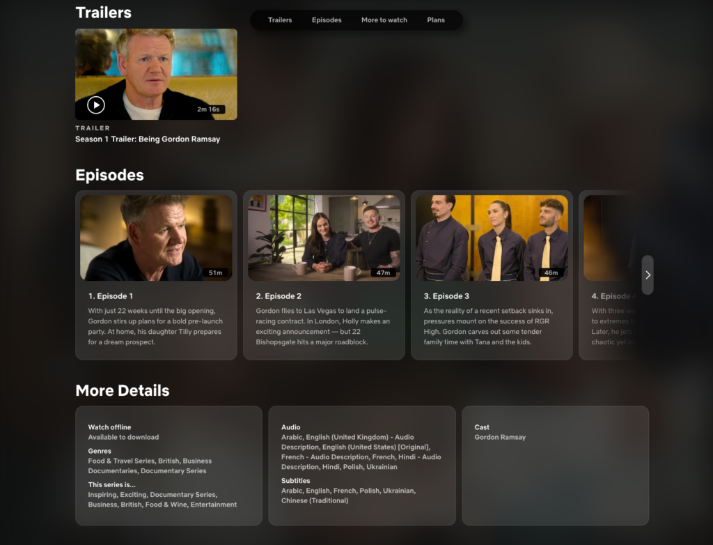 Being Gordon Ramsay Netflix episode cards displaying 51, 47 and 46 minute runtimes for episodes one to three.