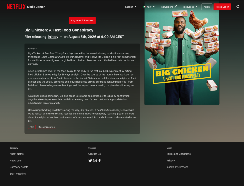 Netflix Media Center showing Big Chicken releasing in Italy on August 5, 2026, and the film synopsis.