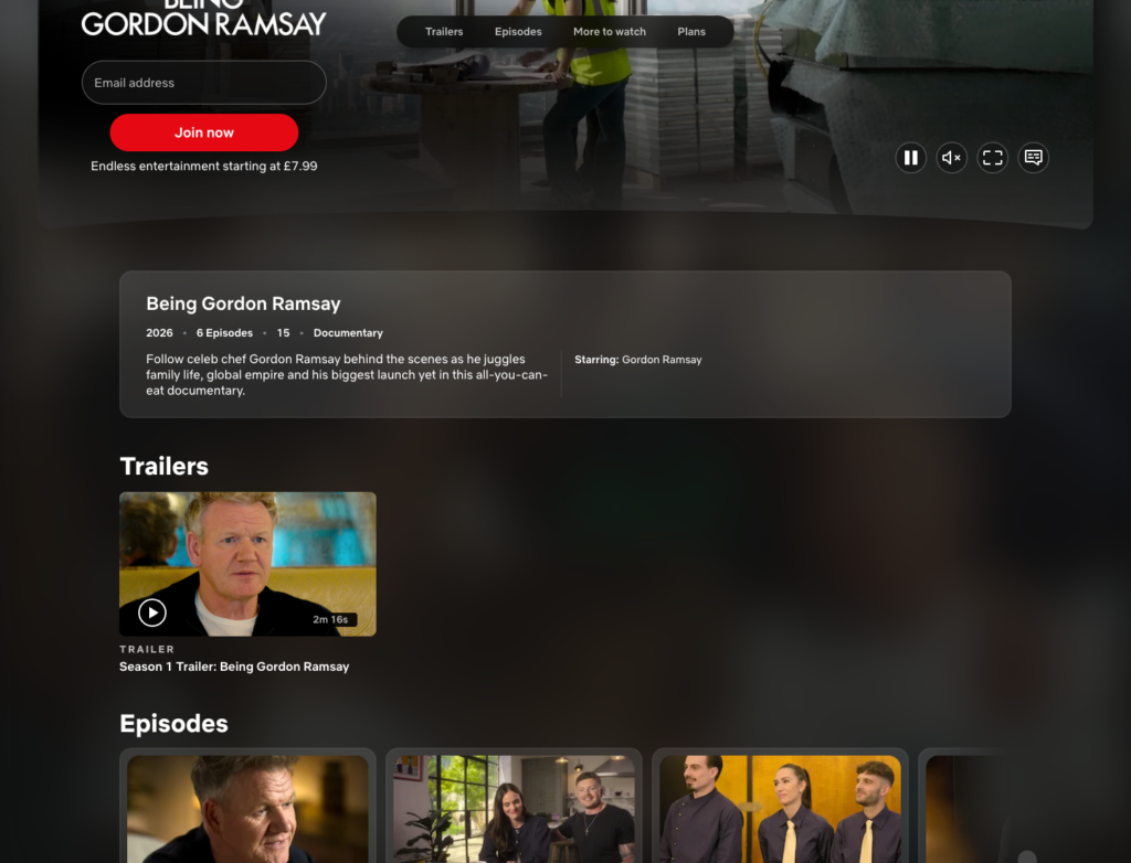 Netflix listing for Being Gordon Ramsay showing 2026 and six episodes.