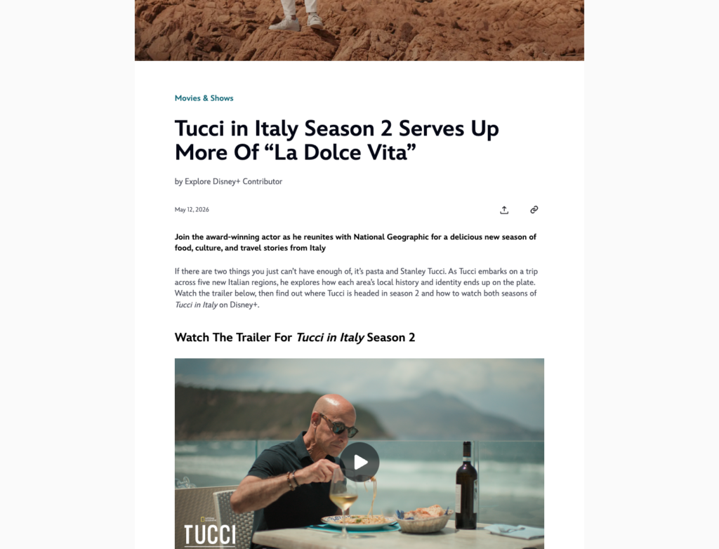 Disney+ article for Tucci in Italy Season 2 with its May 12, 2026 publication date.