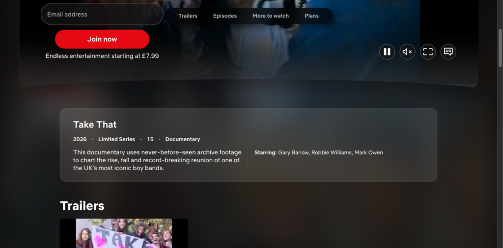 Netflix UK listing for Take That showing the 2026 year, limited-series format and band-history description.