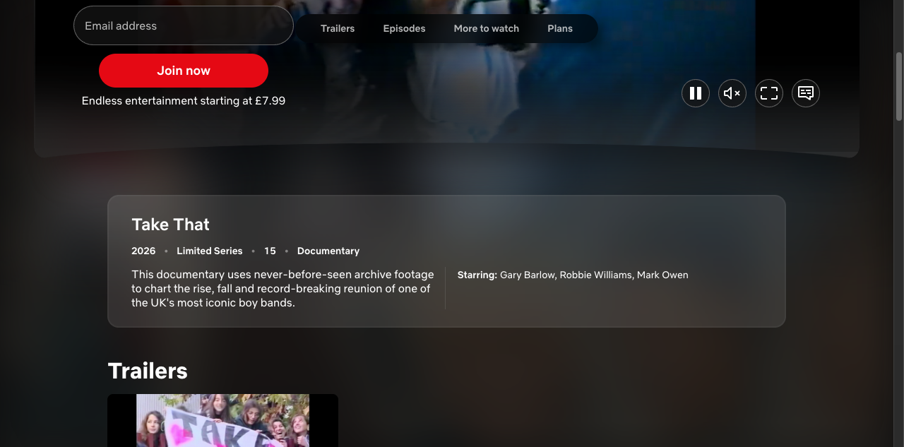 Netflix UK listing for Take That showing the 2026 year, limited-series format and band-history description.